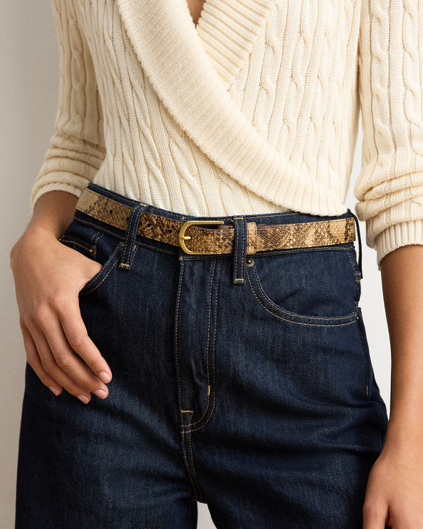Polo Ralph Lauren Women's Rounded-Buckle Embossed Skinny Belt Tan Multi