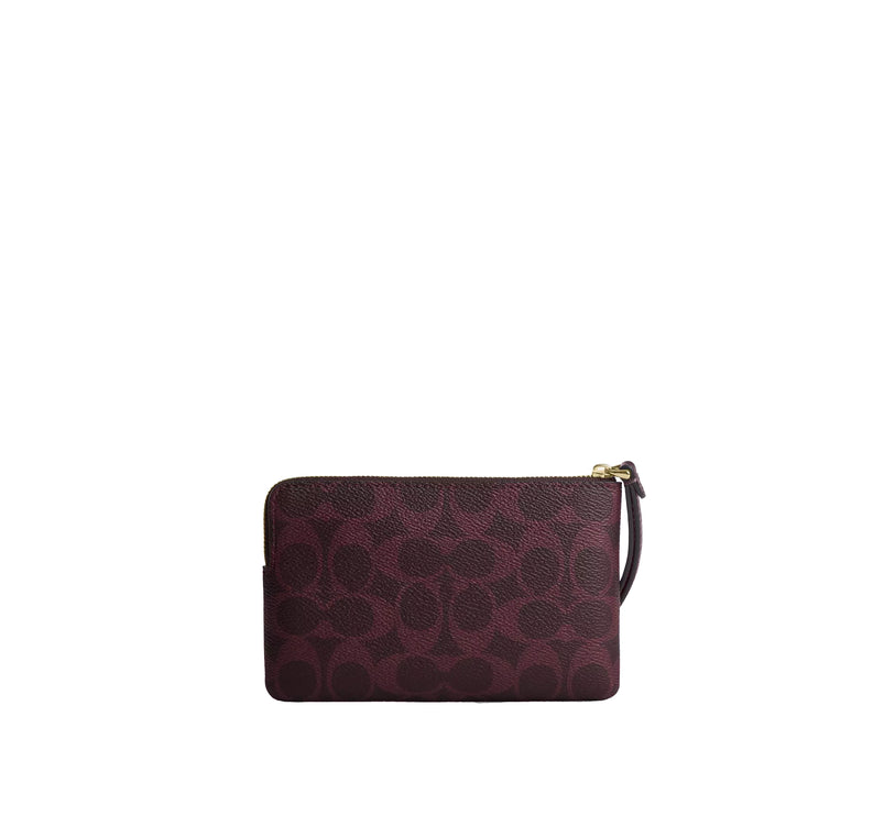 Coach Women's Corner Zip Wristlet In Signature Canvas Gold/Black Currant