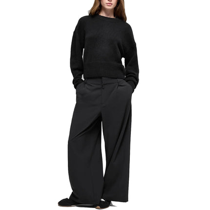 alo Women's Wool Cashmere Cropped New Class Crewneck Sweater Black