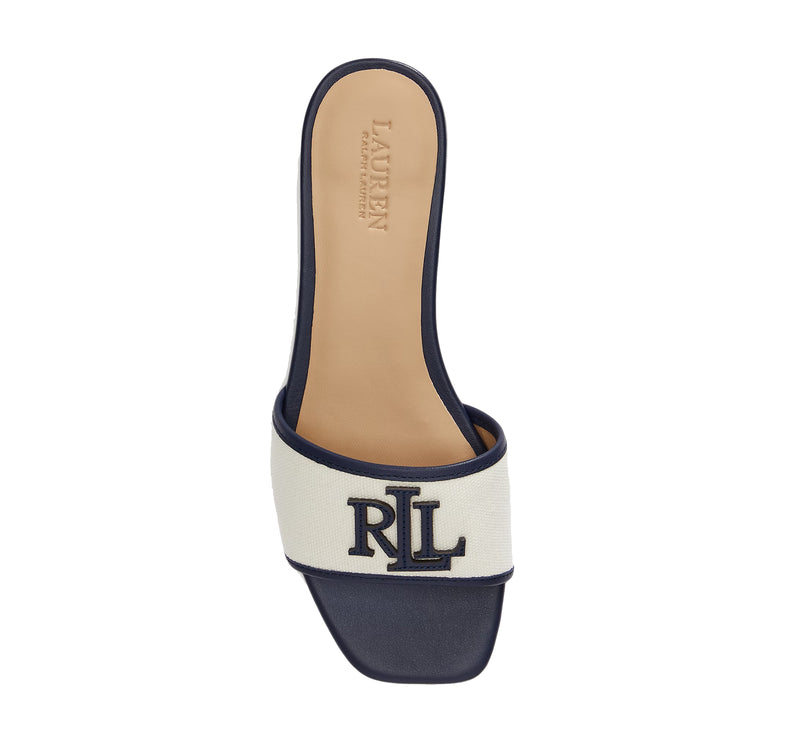 Polo Ralph Lauren Women's Everley Leather-Trim Canvas Slide Sandal Natural/Refined Navy