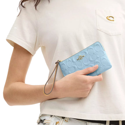 Coach Women's Corner Zip Wristlet In Signature Leather Gold/Light Blue