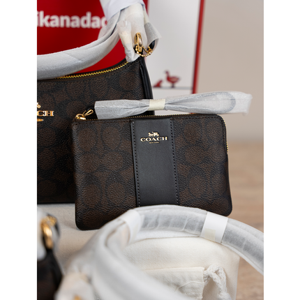 Coach Women's Corner Zip Wristlet In Signature Canvas With Stripe Gold/Walnut/Black