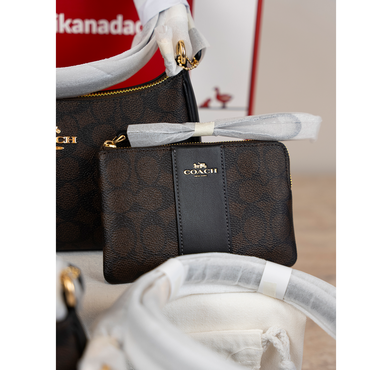 Coach Women's Corner Zip Wristlet In Signature Canvas With Stripe Gold/Walnut/Black