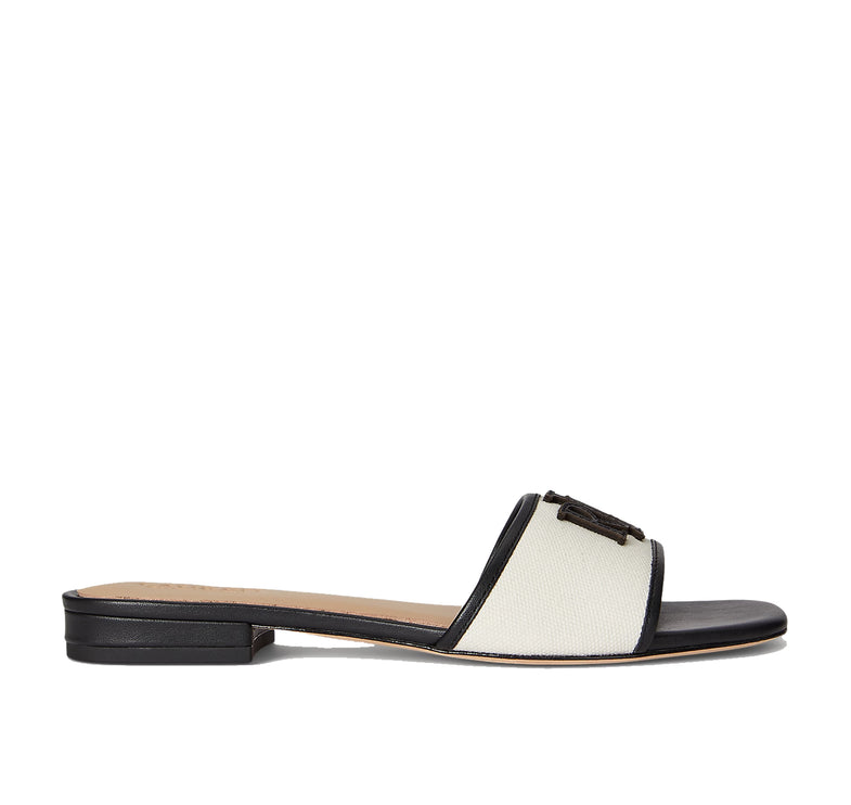 Polo Ralph Lauren Women's Everley Leather-Trim Canvas Slide Sandal Natural/Black