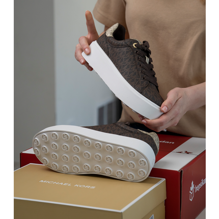 Michael Kors Women's Romey Metallic Two Tone Signature Logo Platform Sneaker Brown