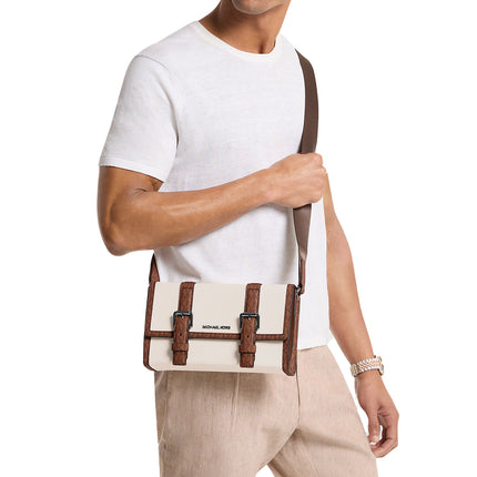 Michael Kors Men's Cooper Pebbled Leather and Signature Logo Trunk Crossbody Bag Light Cream/Luggage