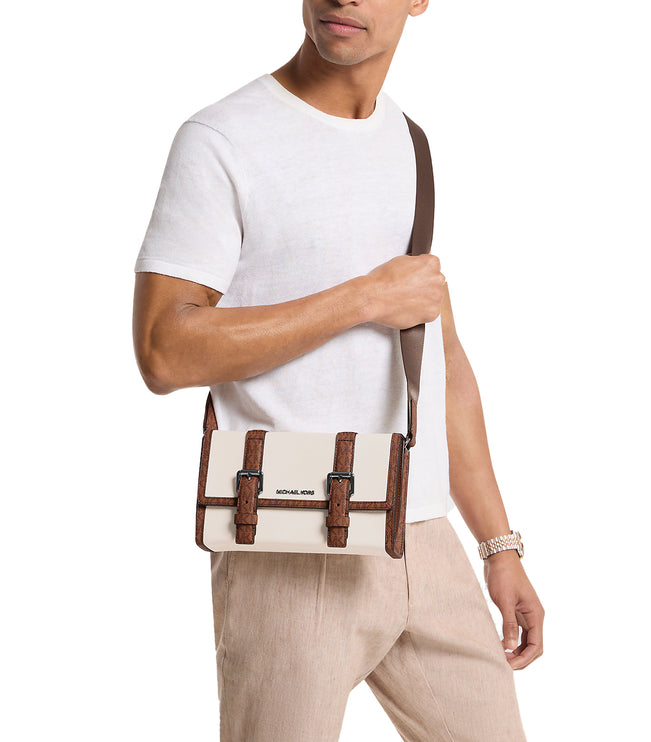 Michael Kors Men's Cooper Pebbled Leather and Signature Logo Trunk Crossbody Bag Light Cream/Luggage