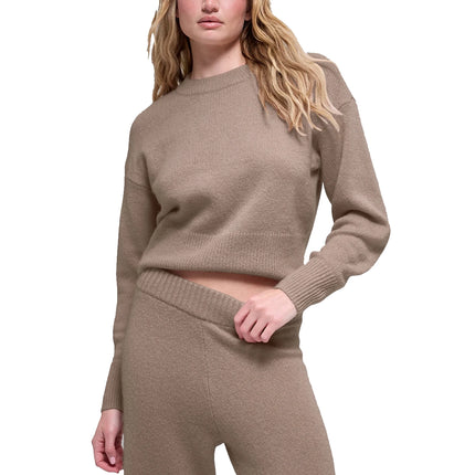 alo Women's Wool Cashmere Cropped New Class Crewneck Sweater Chai Latte