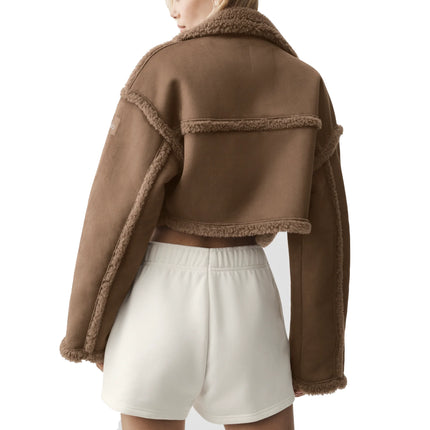 alo Women's Faux Shearling Snowfall Cropped Jacket Java Brown