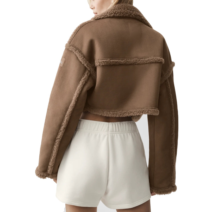 alo Women's Faux Shearling Snowfall Cropped Jacket Java Brown