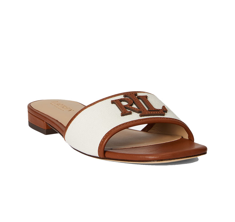 Polo Ralph Lauren Women's Everley Leather-Trim Canvas Slide Sandal Natural/Lauren Tan