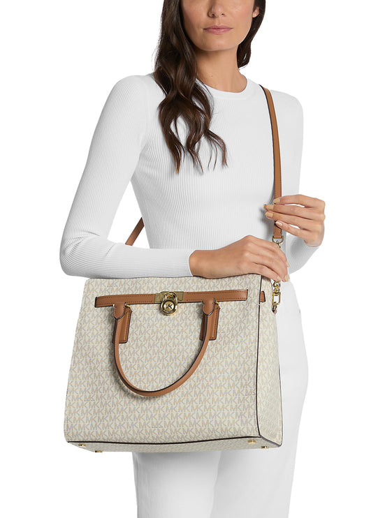 Michael Kors Women's Hamilton Moderne Large Signature Logo Satchel Bag Vanilla/Acorn/Gold