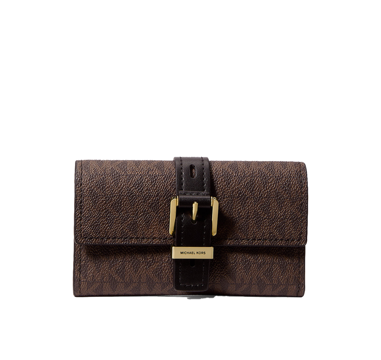 Michael Kors Women's Nolita Medium Signature Logo Tri-Fold Wallet Brown/Black/Gold