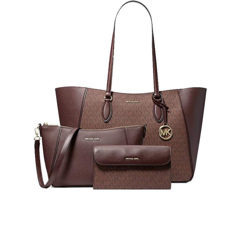 Michael Kors Women's Jet Set Travel Large Signature Logo 3-in-1 Tote Bag Nutmeg/Gold