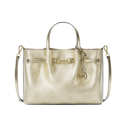 Michael Kors Women's Carson Medium Metallic Logo Debossed Satchel Bag Pale Gold