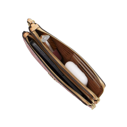 Coach Women's Double Zip Wristlet With Floral Print Gold/Pink Multi