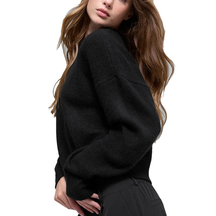 alo Women's Wool Cashmere Cropped New Class Crewneck Sweater Black