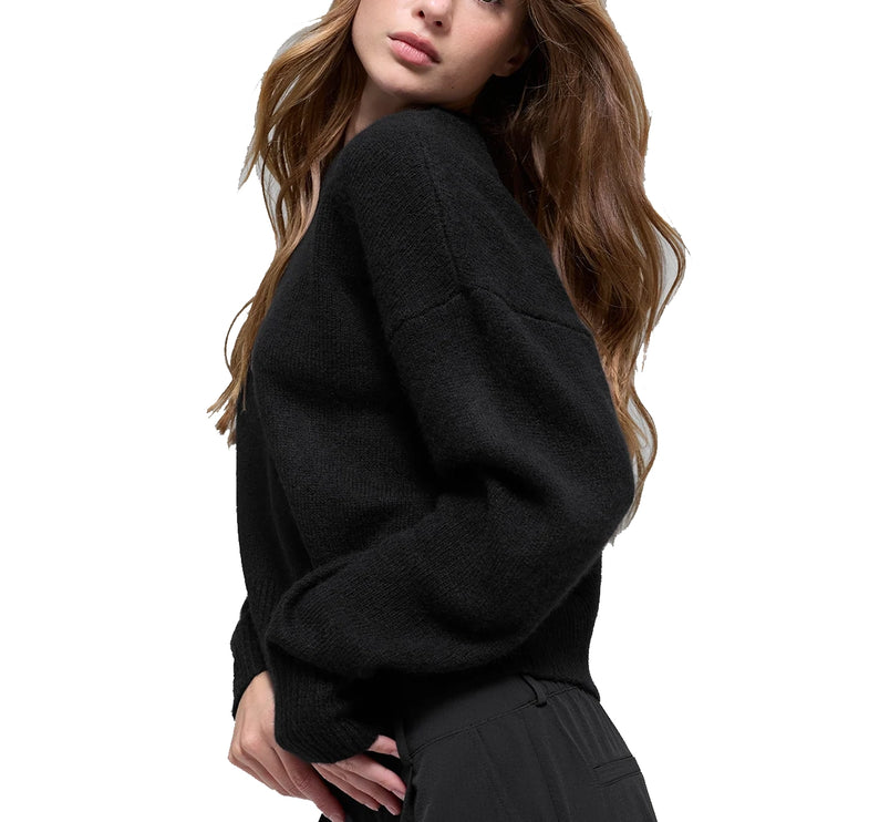 alo Women's Wool Cashmere Cropped New Class Crewneck Sweater Black