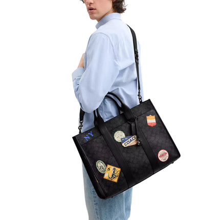 Coach Unisex Wesley Tote In Signature Canvas With Patches Charcoal Multi