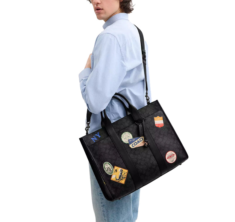 Coach Unisex Wesley Tote In Signature Canvas With Patches Charcoal Multi