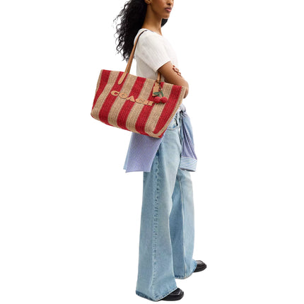 Coach Women's City Tote Bag With Stripes And Charm Gold/Red/Tan