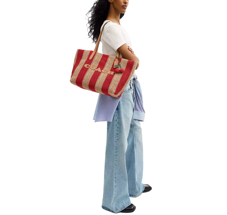 Coach Women's City Tote Bag With Stripes And Charm Gold/Red/Tan