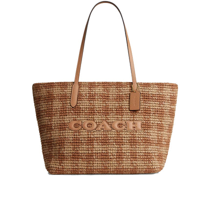 Coach Women's City Tote Bag With Gingham Print Gold/Tan