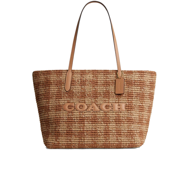 Coach Women's City Tote Bag With Gingham Print Gold/Tan