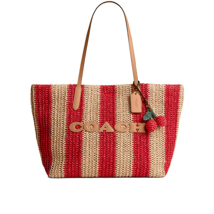 Coach Women's City Tote Bag With Stripes And Charm Gold/Red/Tan