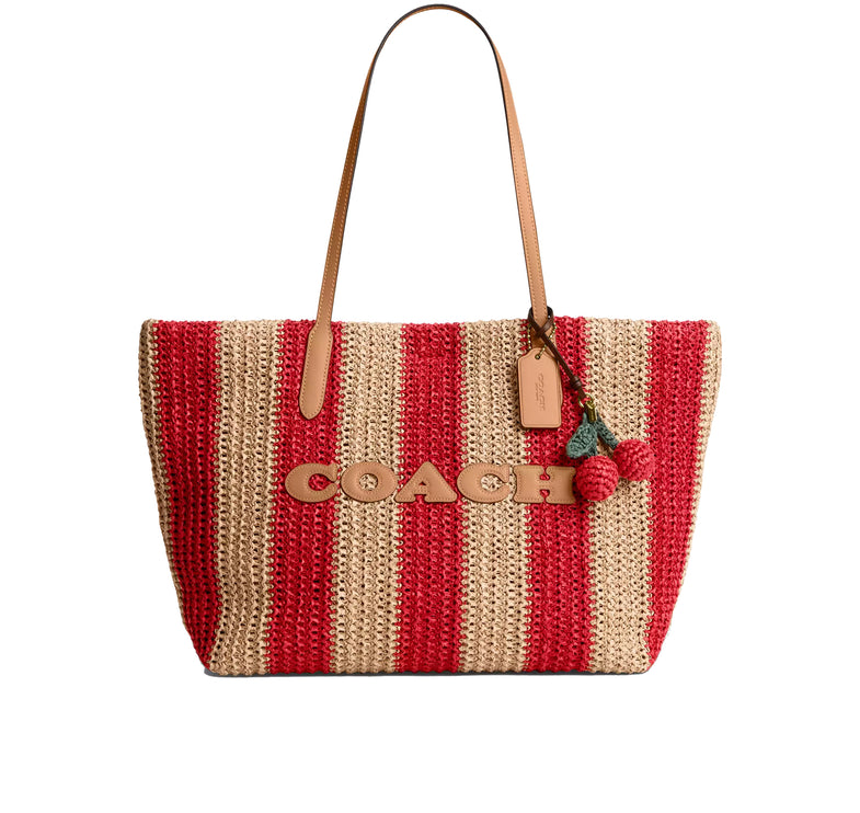 Coach Women's City Tote Bag With Stripes And Charm Gold/Red/Tan