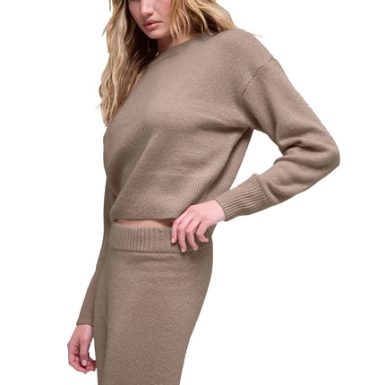 alo Women's Wool Cashmere Cropped New Class Crewneck Sweater Chai Latte