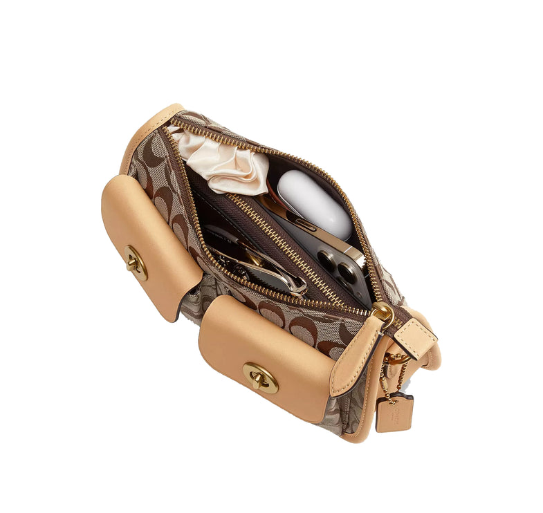 Coach Women's Twin Turnlock Waverly Bag In Signature Jacquard Brass/Khaki Light Peach
