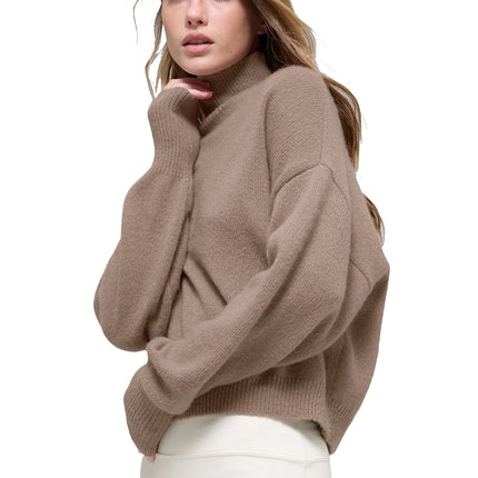alo Women's Wool Cashmere Cropped New Class Turtleneck Sweater Chai Latte
