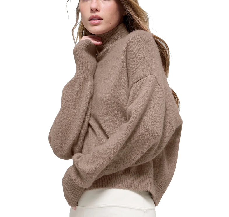 alo Women's Wool Cashmere Cropped New Class Turtleneck Sweater Chai Latte