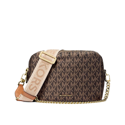 Michael Kors Women's Bryant Medium Signature Logo Print Woven Camera Crossbody Bag Brown/Acorn