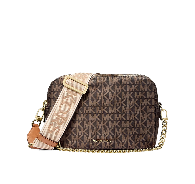 Michael Kors Women's Bryant Medium Signature Logo Print Woven Camera Crossbody Bag Brown/Acorn