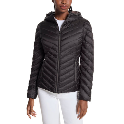 Michael Kors Women's Chevron Logo Print Quilted Nylon Reversible Jacket Black/Brown Logo