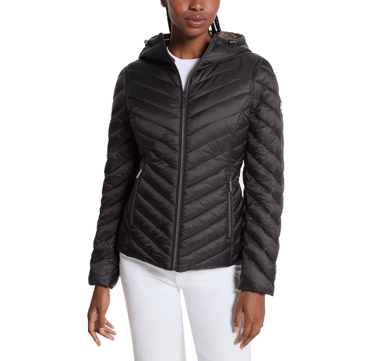 Michael Kors Women's Chevron Logo Print Quilted Nylon Reversible Jacket Black/Brown Logo