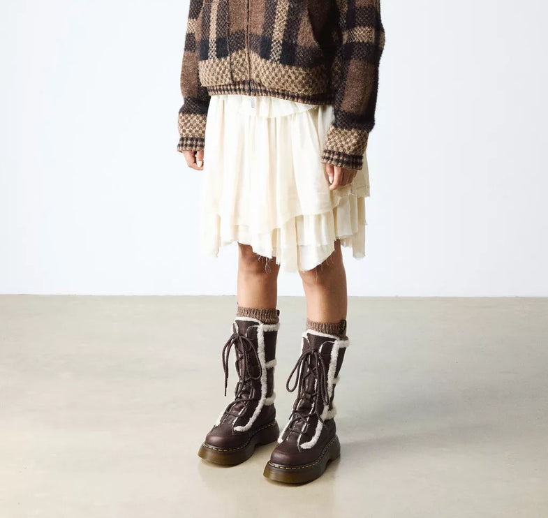 Dr. Martens Women's Buzz Lace Up Faux Fur Lined Grizzly Leather Boots Dark Brown