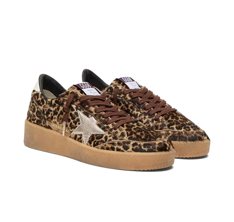 Golden Goose Women's Women's Ball Star in Leopard Print Pony Skin with Platinum Leather Star and White