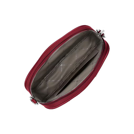 Michael Kors Women's Jet Set Large Pebbled Leather Camera Crossbody Bag Maroon/Silver