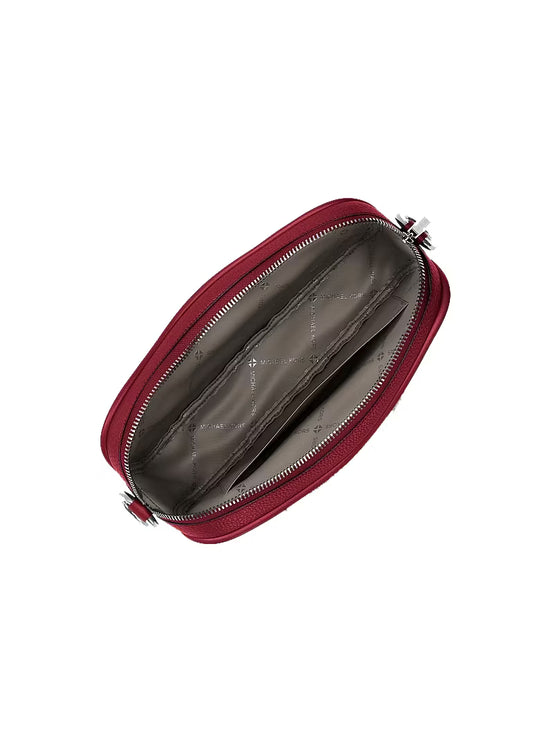 Michael Kors Women's Jet Set Large Pebbled Leather Camera Crossbody Bag Maroon/Silver