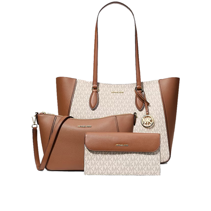 Michael Kors Women's Jet Set Travel Large Signature Logo 3-in-1 Tote Bag Vanilla/Gold