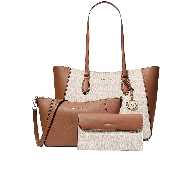Michael Kors Women's Jet Set Travel Large Signature Logo 3-in-1 Tote Bag Vanilla/Gold
