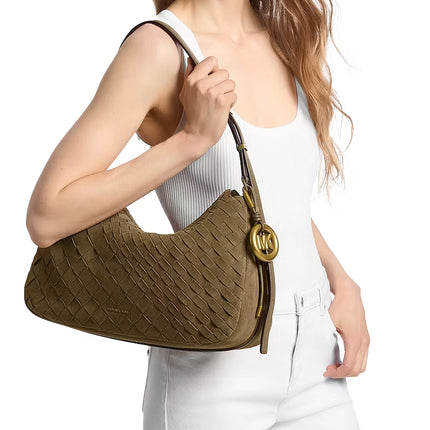 Michael Kors Women's Nolita Medium Hand-Woven Suede Shoulder Bag Loden/Gold