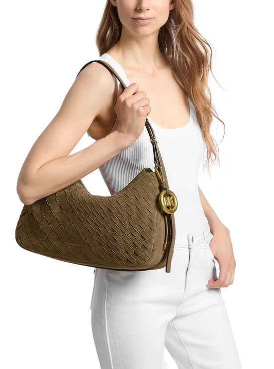 Michael Kors Women's Nolita Medium Hand-Woven Suede Shoulder Bag Loden/Gold