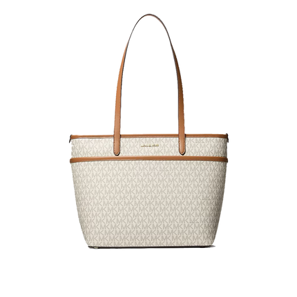 Michael Kors Women's Marlowe Medium Signature Logo Pocket Tote Bag Vanilla/Acorn/Gold