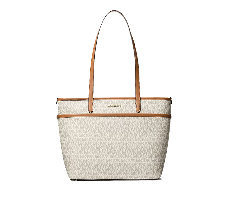 Michael Kors Women's Marlowe Medium Signature Logo Pocket Tote Bag Vanilla/Acorn/Gold