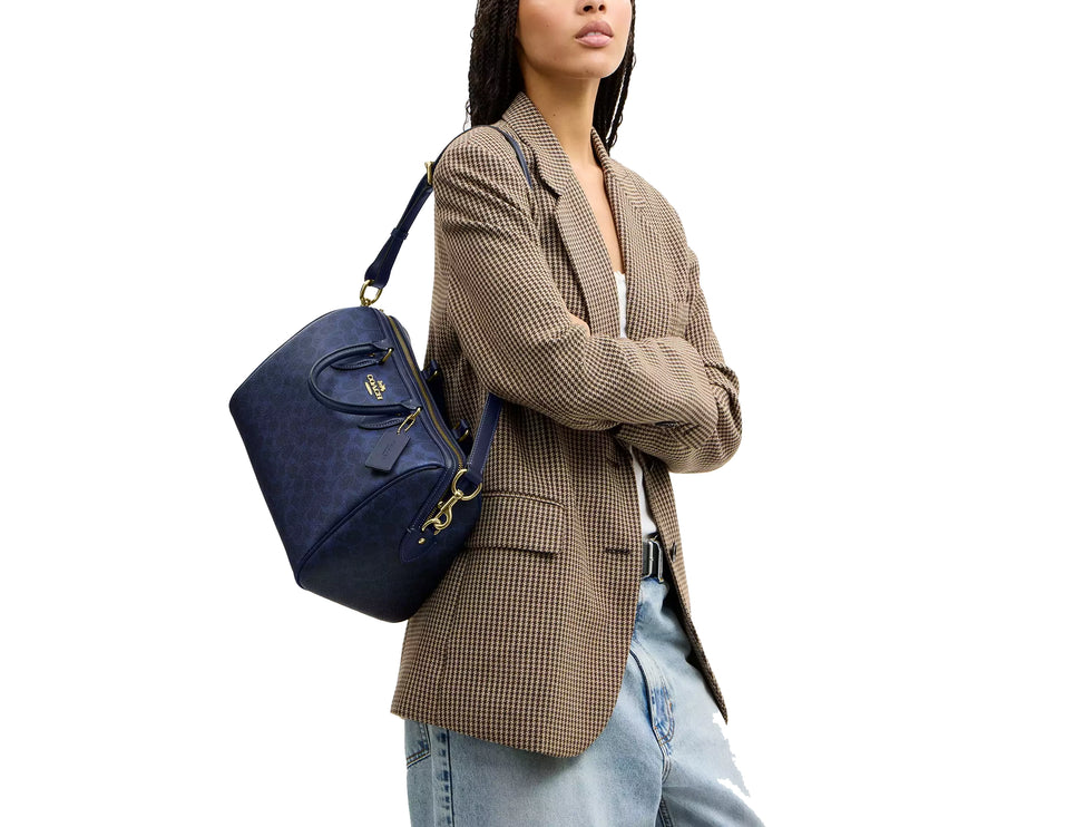 Coach Women's Rowan Large Satchel Bag In Signature Canvas Gold/Navy
