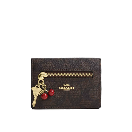 Coach Women's Card Case With Charms In Signature Canvas Gold/Walnut/Black